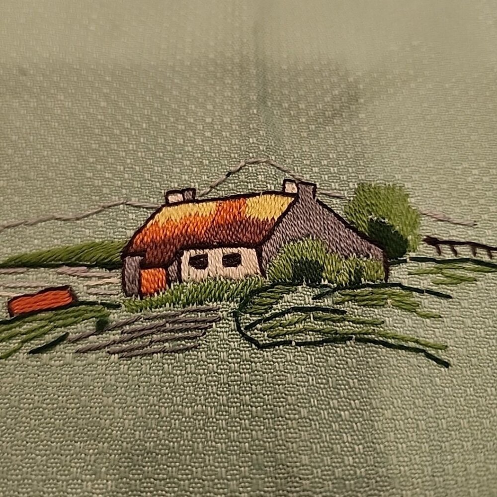 Vintage Hand Embroidered Kitchen Towel Blue Farmhouse